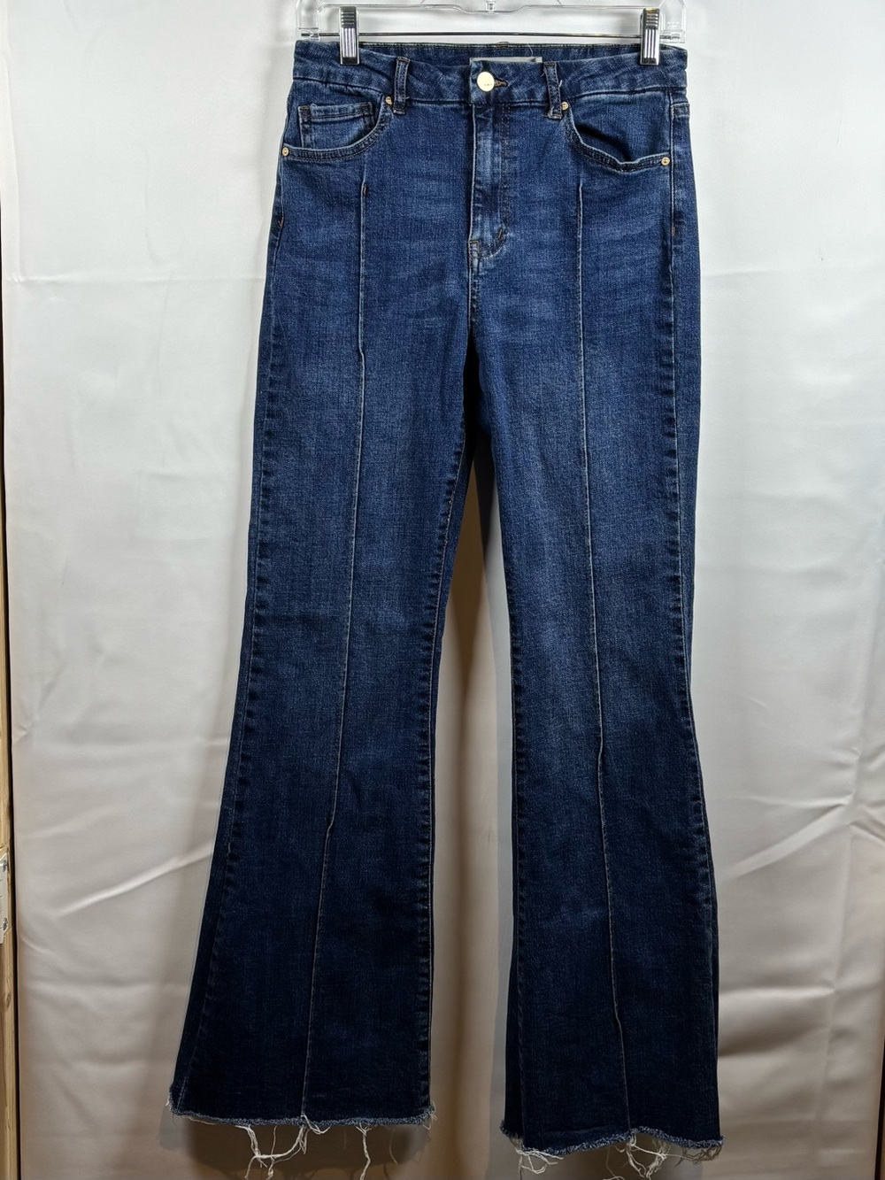 Tractr Dark Blue Flare Jeans Raw Hem with Front Seams